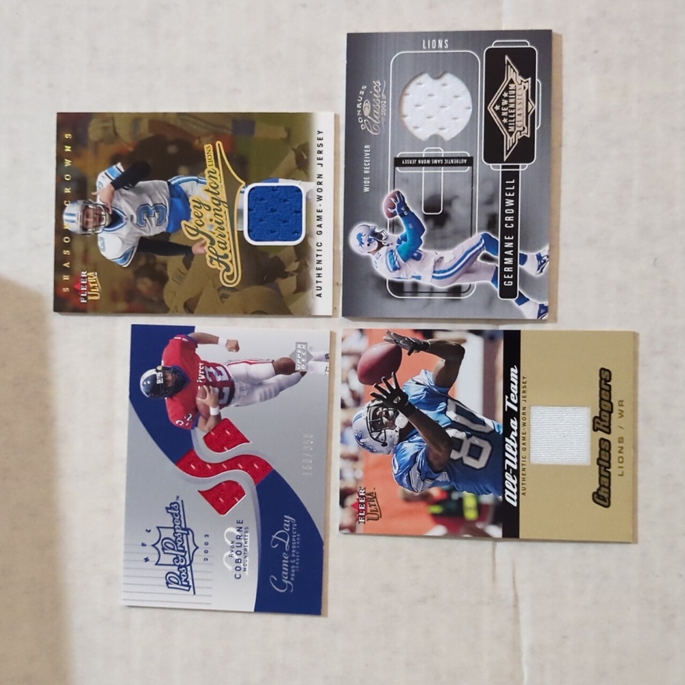 Detroit Lions NFL card lot Harrington Crowell Rogers Cobourne jersey numbered